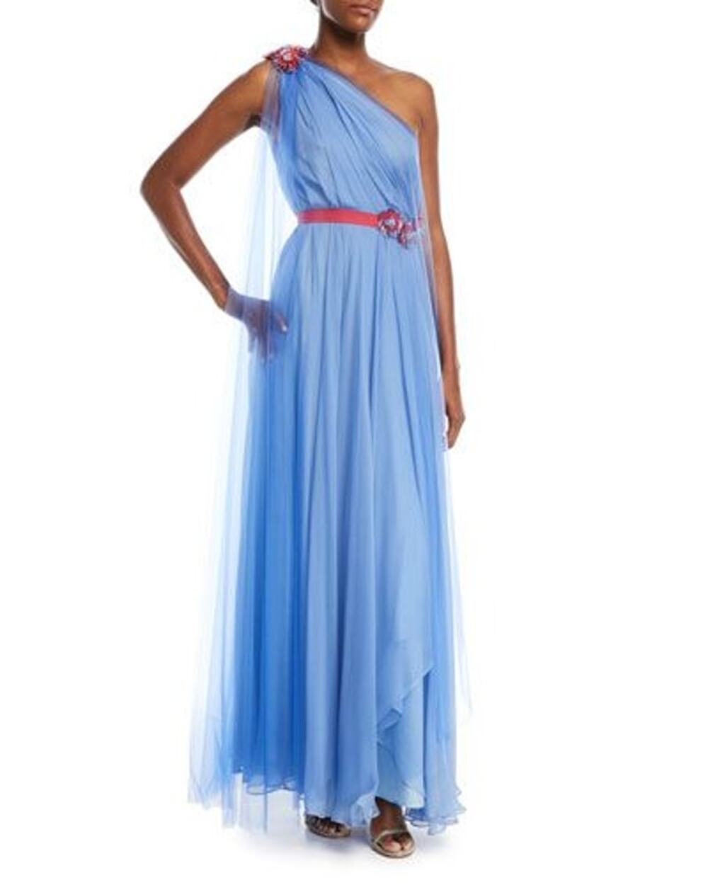 Talbot Runhof Grecian Blue One Shoulder Draped Gown Floral Embellishments Sz 12